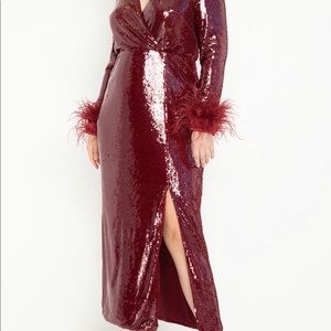 Sequin maxi dress with feather cuffs